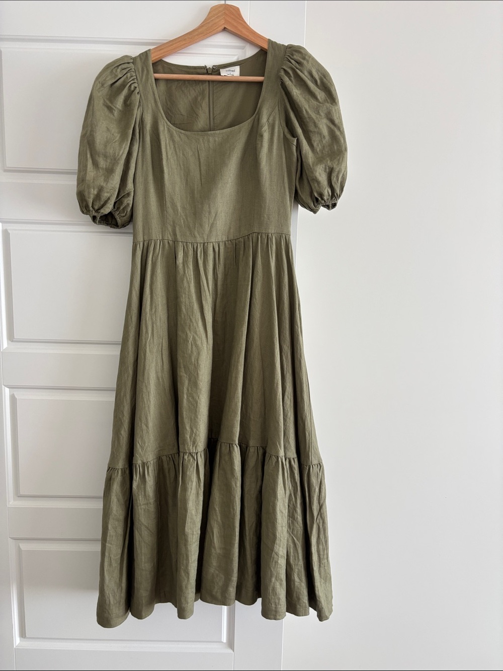 Aritzia Olive Puff-Sleeve Tiered Midi Dress